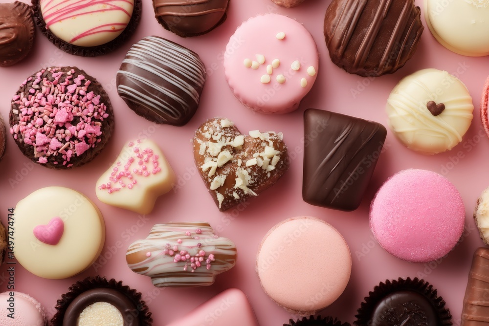 Poster assorted chocolates and sweets presented on a pink background for a delightful dessert experience