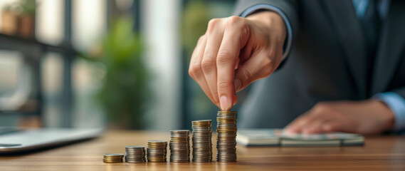 person adds a coin to a stack of coins on a wooden table.