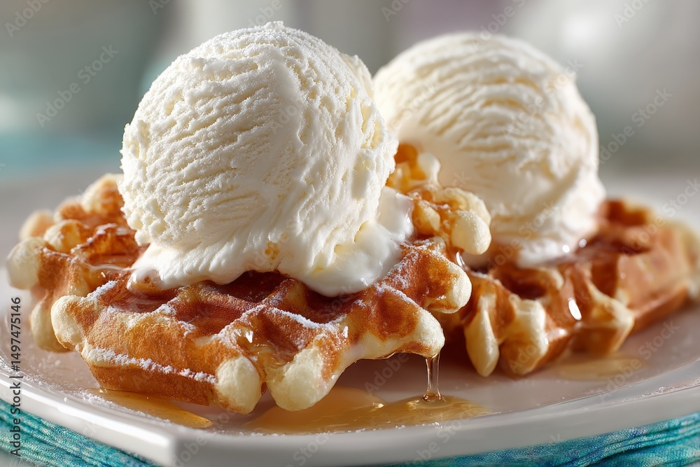 Poster delicious waffles topped with creamy ice cream served on a white plate with syrup drizzle at a cozy 