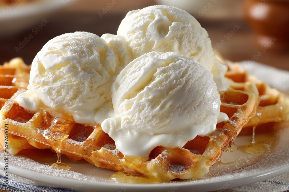 Poster Delightful waffles topped with three scoops of creamy vanilla ice cream and drizzled with syrup on a rustic table