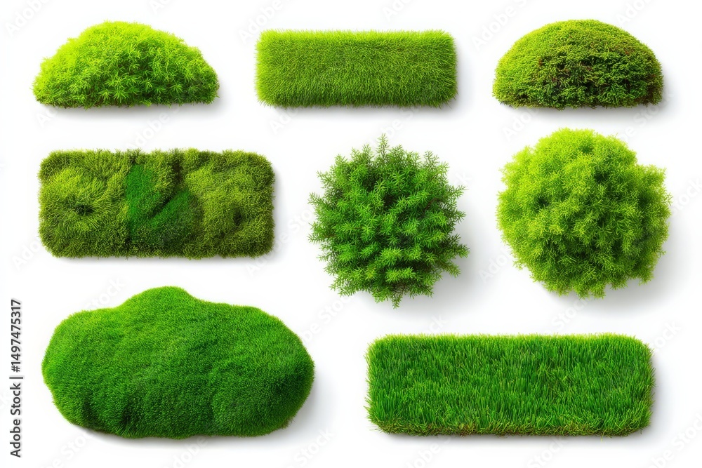 Poster Various green grass and foliage textures arranged on a white background for design use in environmental projects