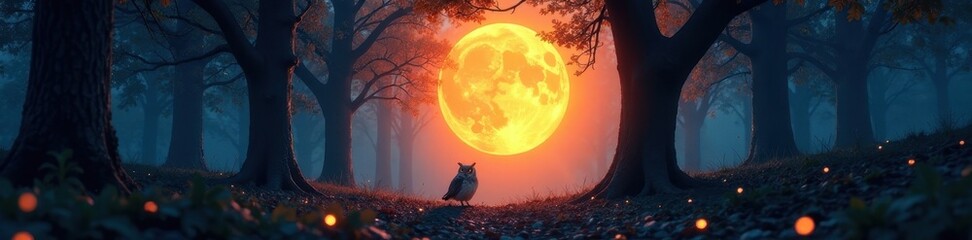 Fototapeta premium Towering trees frame a glowing orb, owls silently watch , dark, magic
