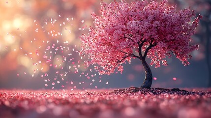 Cherry blossom tree in full bloom petals swirling in a golden hour breeze soft pastel colors dreamy bokeh in the background slight motion blur on falling petals no humans no text