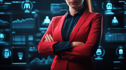 Confident professional red suit stands with arms crossed against backdrop of digital data and analytics, showcasing strength