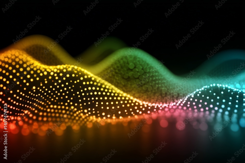 Poster Dynamic wave patterns of colorful light in a digital display representing sound frequencies and vibrations