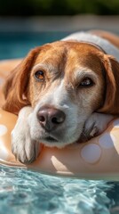 A beagle enjoys a peaceful moment lounging on a floaty in a vibrant pool. The sun shines brightly, highlighting the dog's relaxed demeanor as it rests contentedly.