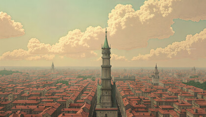 Cityscape of Old town view illustration, highly detailed	