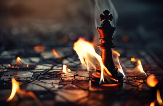 Black king chess piece surrounded by flames on the chessboard  