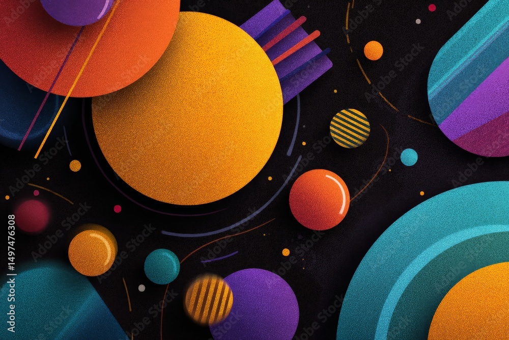 Poster Colorful geometric shapes create an abstract composition with vibrant details on a dark background in a modern art style