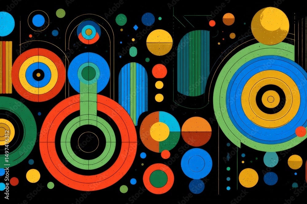Aufkleber Modern abstract art featuring colorful geometric shapes in circular patterns on a dark background