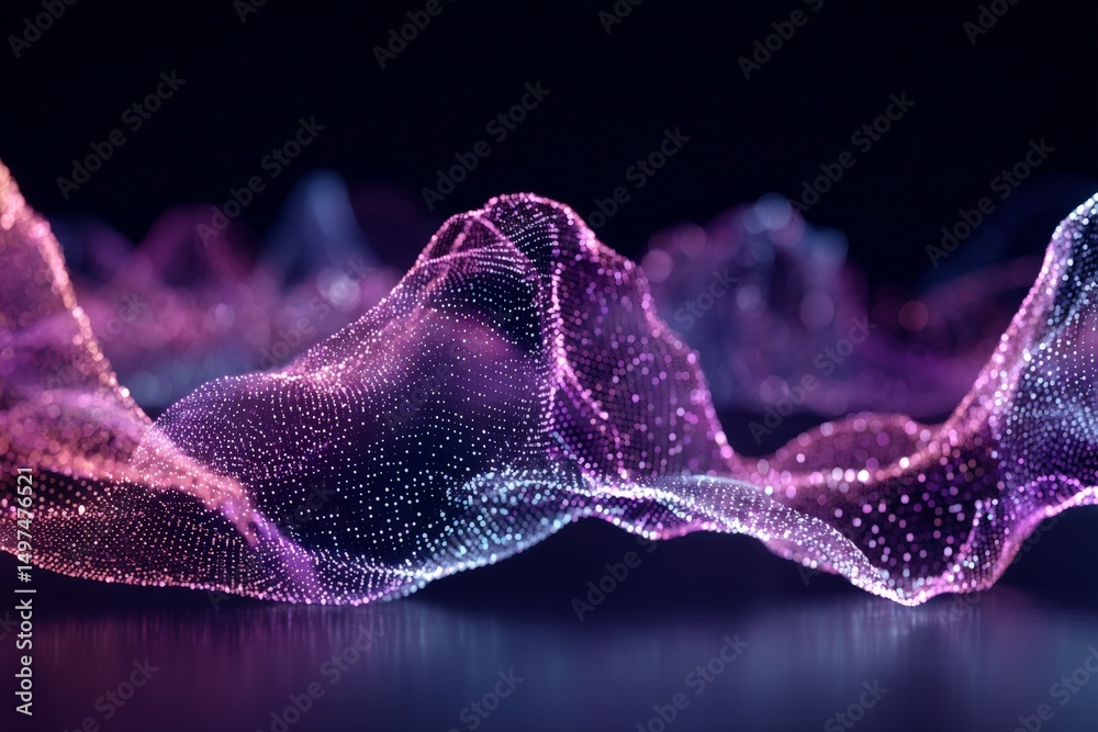Poster Colorful 3D wave pattern created with digital particles in a dark background, resembling an abstract representation of sound waves