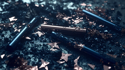 Abstract Dark Blue Metallic Objects Scattered on a Textured Surface