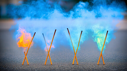 Vibrant Colored Smoke Sticks Burning on Asphalt