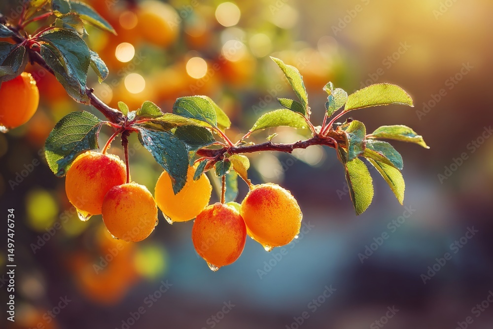 Poster bright apricots hang from a branch glistening in the morning light with dew in a lush garden setting