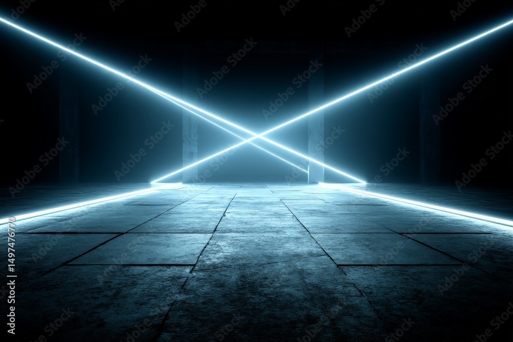 Poster bright neon lines create a stunning geometric pattern in a dark modern art space