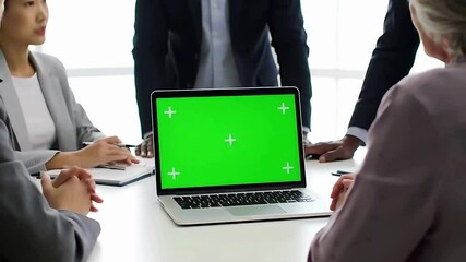 Business team meeting discussing project presentation on laptop green screen - Powered by Adobe