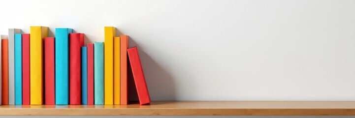 Neatly stacked colorful books on wooden shelf against white wall, novels, study