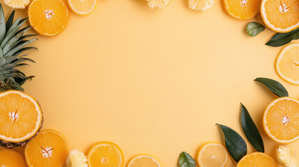 Fresh oranges and pineapples create vibrant banner of tropical fruits on sunny yellow background inviting refreshing feel