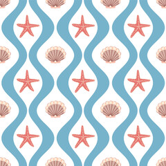 Starfish, shell seamless pattern, blue wave background. Summer sea print.