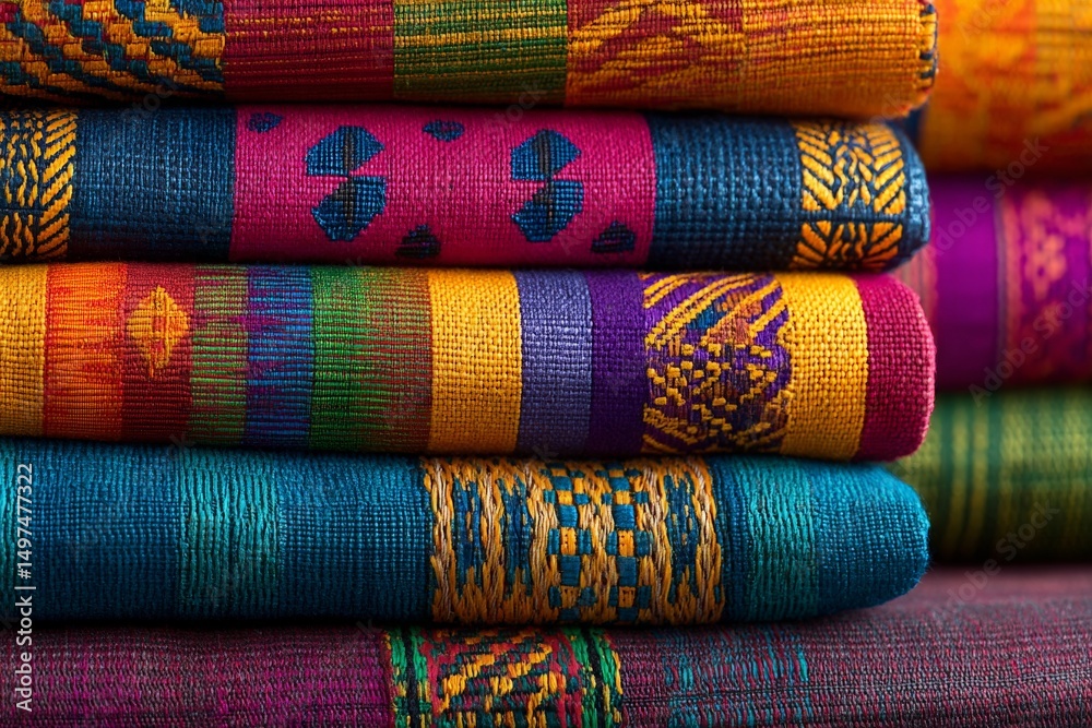 Aufkleber colorful woven fabrics stacked in a traditional display showcasing intricate patterns and textures f