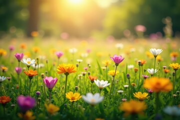 Obraz premium Vibrant wildflowers carpet sun-drenched meadow, photography, meadow