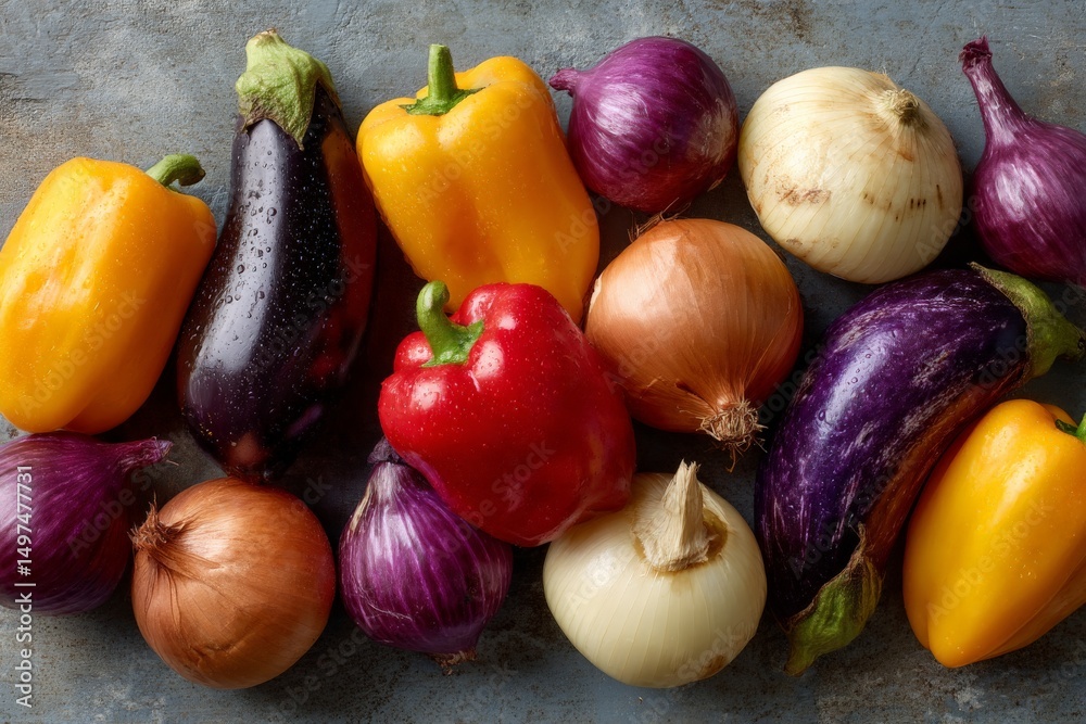 Poster fresh vegetables arranged on a textured surface capturing vibrant colors and natural shapes