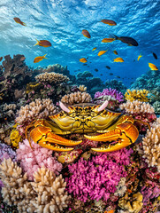 Vibrant Coral Reef Ecosystem A Giant Crab Among Colorful Corals and Fish