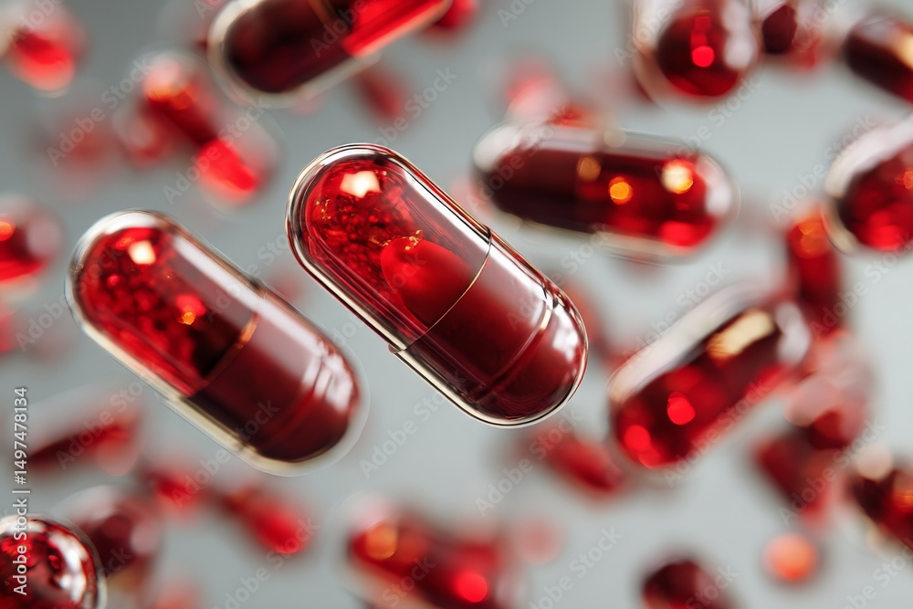 Aufkleber red capsules float in the air against a blurred background, showcasing their shiny surface and intri