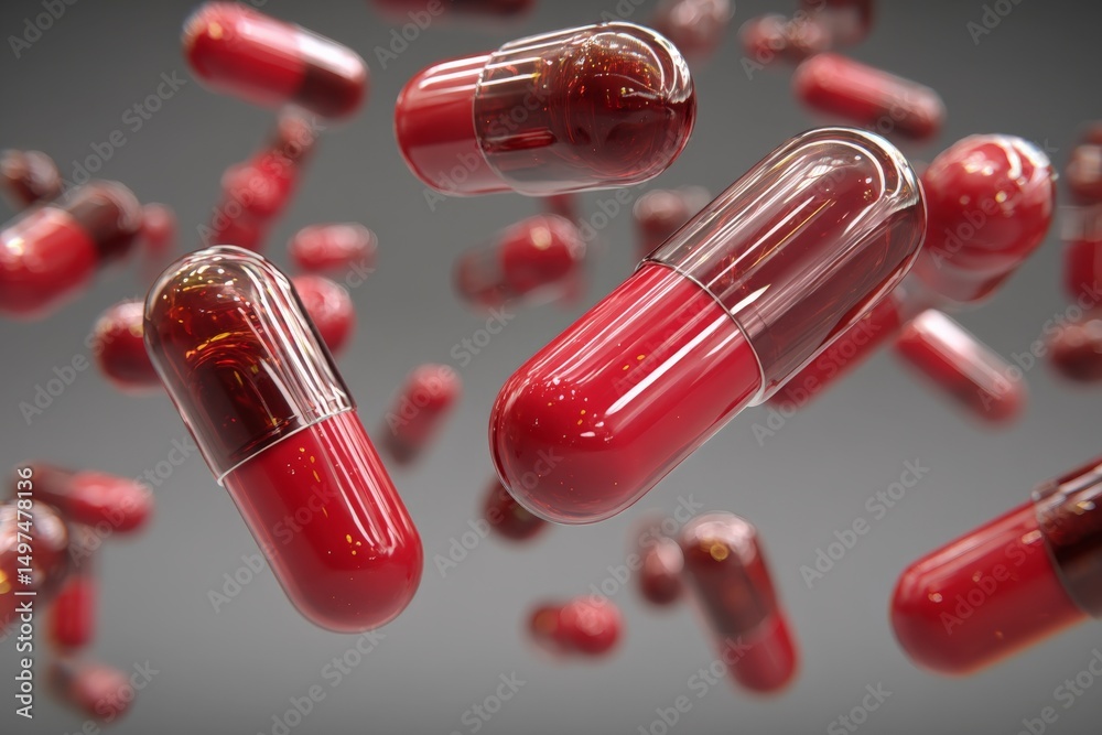Aufkleber Red capsules floating against a gray background in a dynamic arrangement showcasing their shiny surfaces and unique shapes