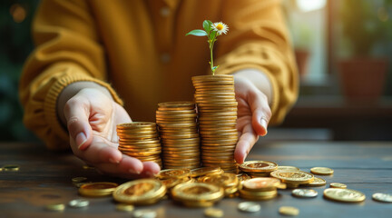 person holds a stack of coins with a small plant growing from the top.