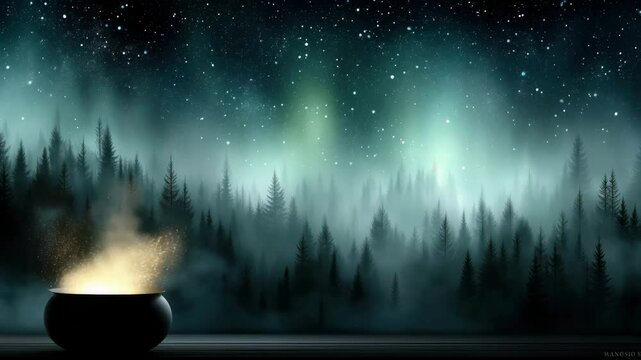 Dark cauldron with glowing mist and sparks stands in eerie forest under starry Halloween night sky, creating a mysterious and magical atmosphere.