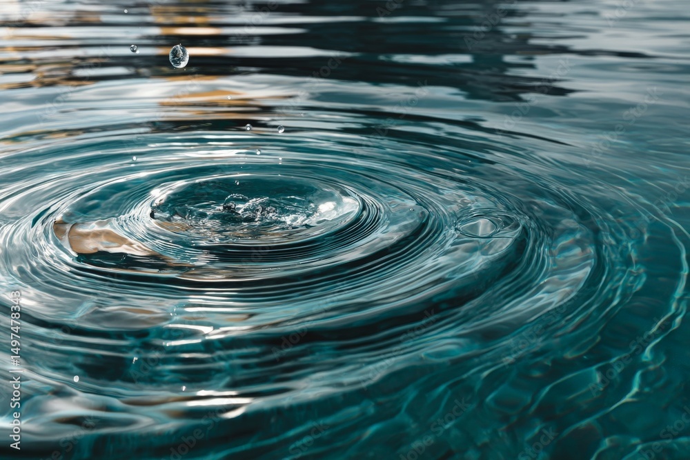 Poster Ripples form on the surface of water as a drop falls into a serene pool during midday sunlight