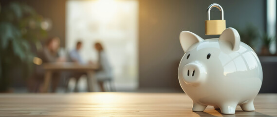 ceramic piggy bank secured with a golden padlock sits on a wooden surface.
