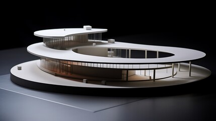 A curved minimalist dormitory building model in brushed aluminum and concrete, set on a matte black floor.