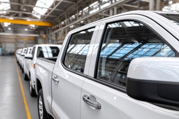 Fototapeta premium New white pickup trucks parked in a row, inside a car assembly factory, ready for shipment.