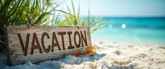 Obraz premium weathered wooden sign displays the word 'Vacation' on a sandy beach.