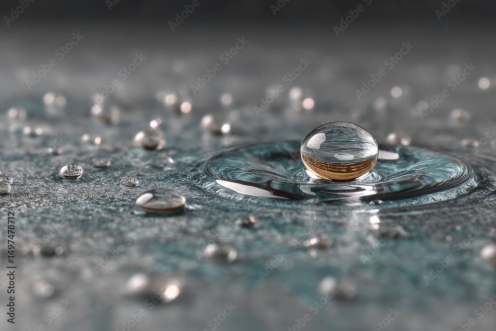 Poster raindrops create ripples in a puddle on a textured surface during a rainy day