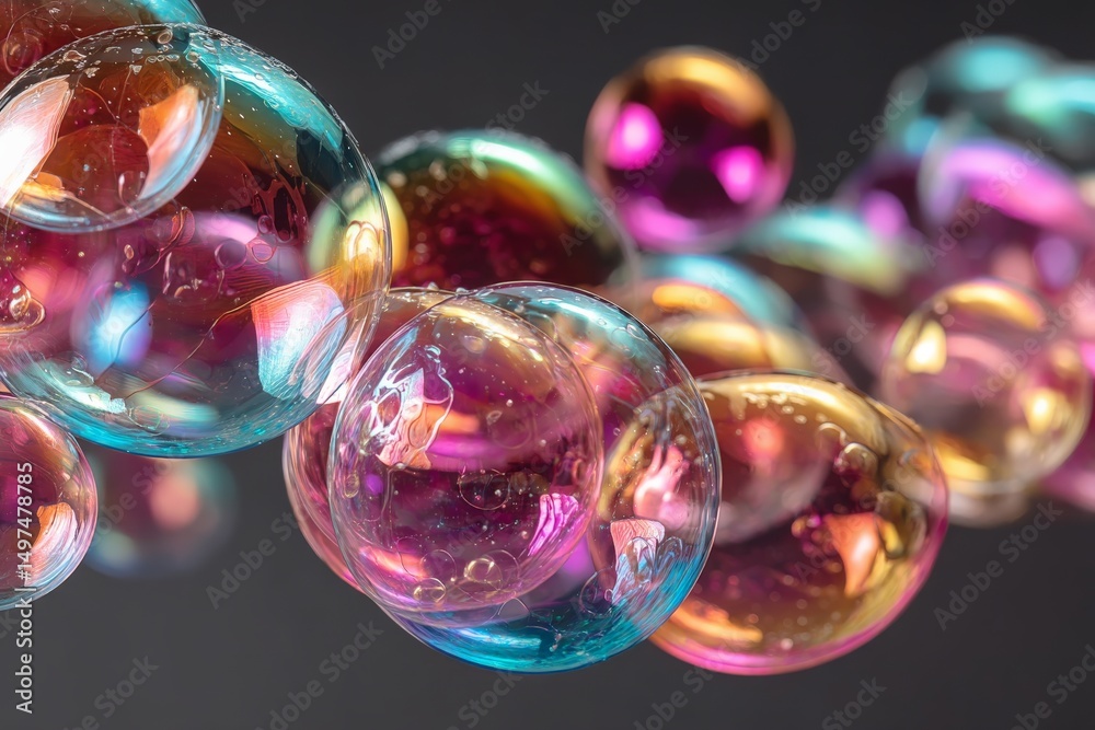 Poster Colorful soap bubbles floating in the air with vibrant reflections and intricate patterns during a sunny day