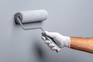 Obraz premium A hand in a white glove paints a gray wall with a roller, applying gray paint evenly on the surface.