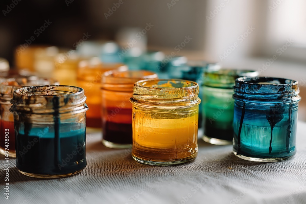 Aufkleber Artistic display of colorful paint jars arranged on a table in a well-lit studio