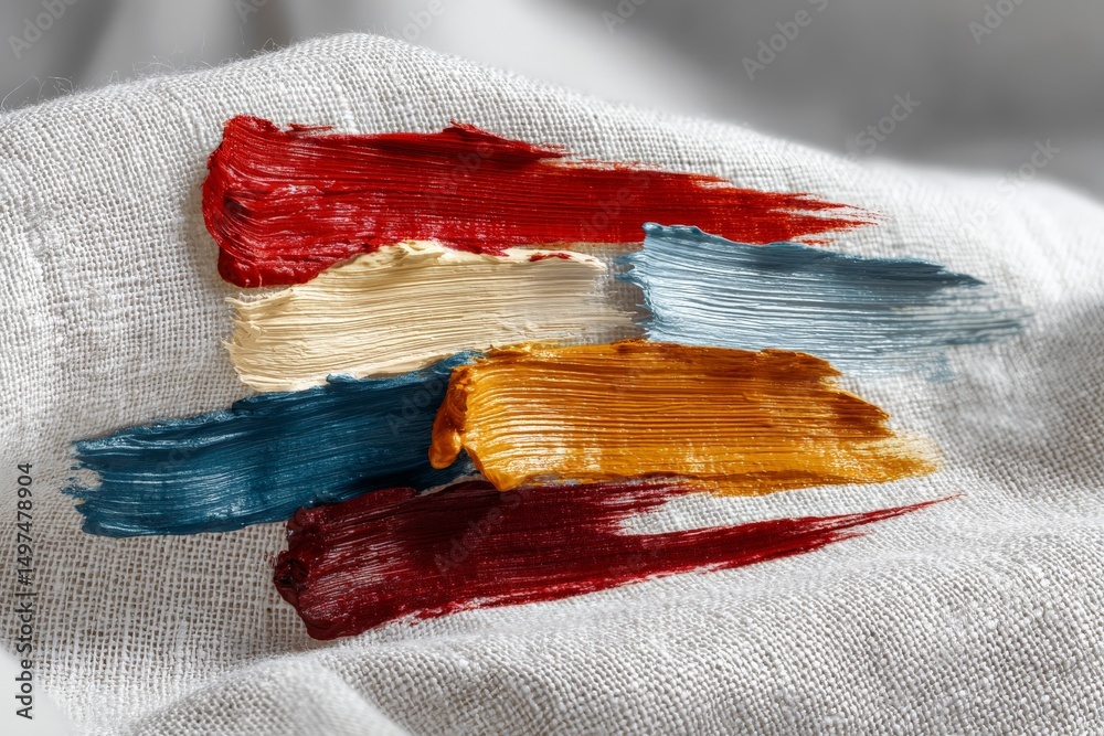 Poster colorful brush strokes on textured fabric create an artistic display of paint