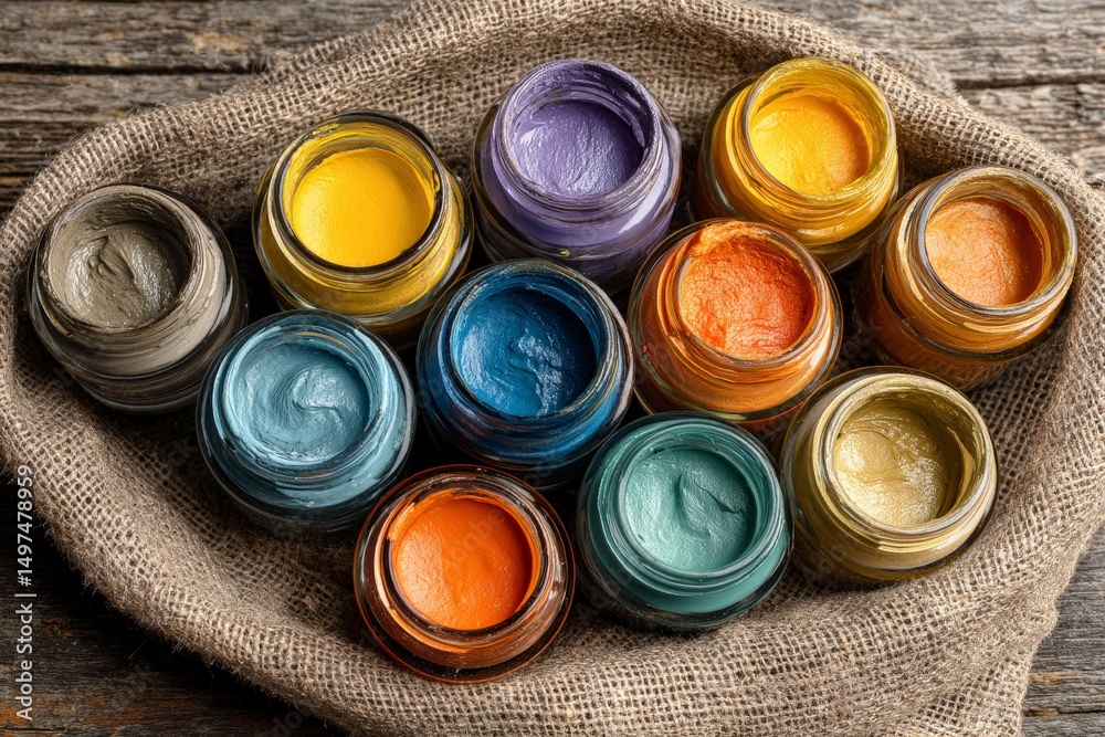 Poster creativity thrives with vibrant paints in jars arranged artfully on rustic linen background