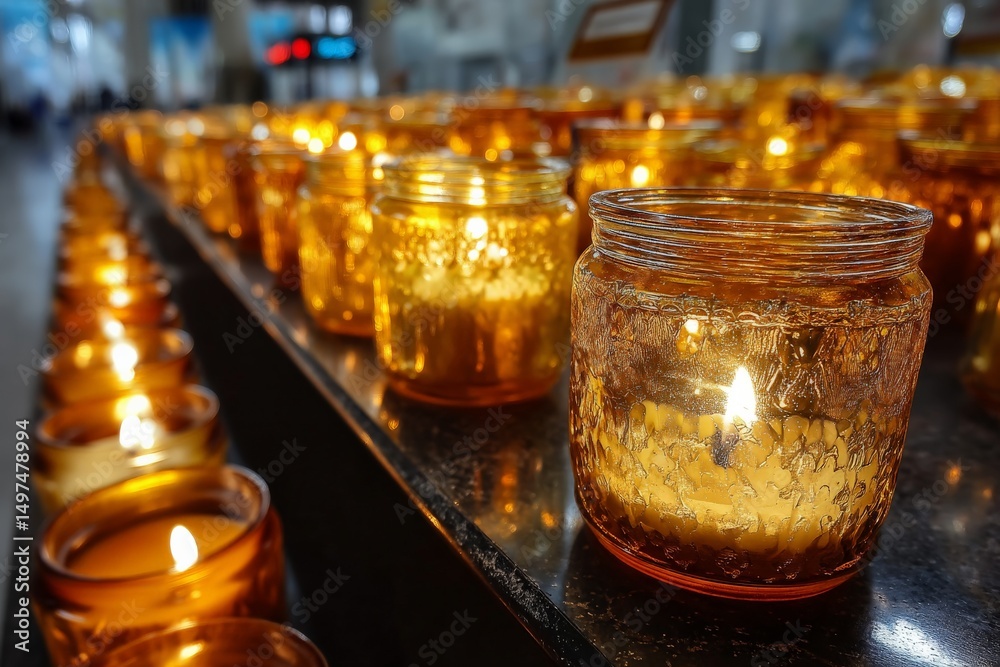 Poster warm glow of amber candles illuminating a tranquil space within a serene environment