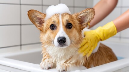 A Pembroke Welsh Corgi with soapy head being bathed in a tub, looks at the camera.