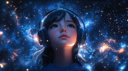 Girl with headphones, gazing at a starry night sky, full of cosmic energy.