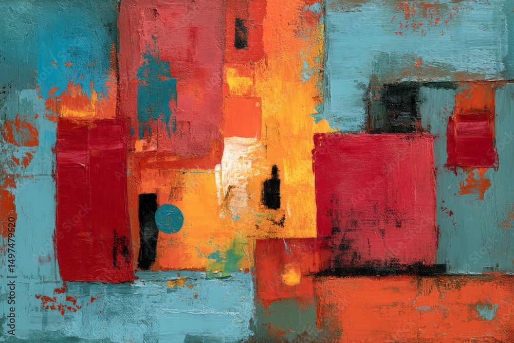 Poster vibrant abstract composition featuring bold colors and dynamic shapes in an artistic arrangement