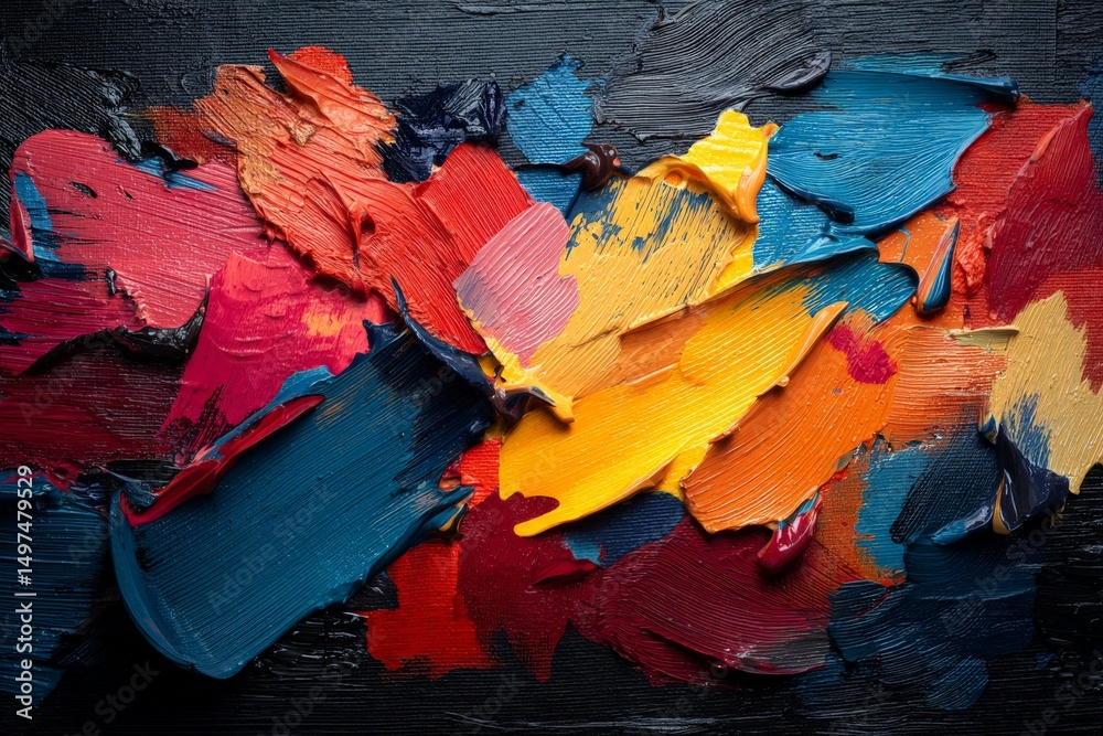 Poster Vibrant abstract art composed of thick paint strokes in various colors on a dark background creating a striking visual effect
