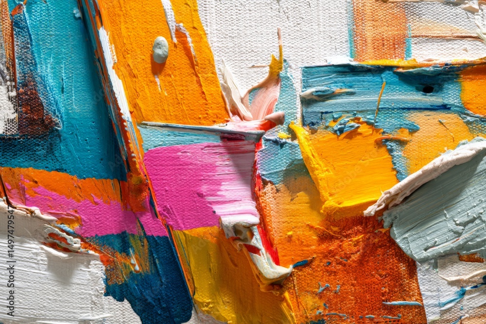Poster Abstract painting showcasing vibrant colors and dynamic brushstrokes created on canvas in an art studio setting