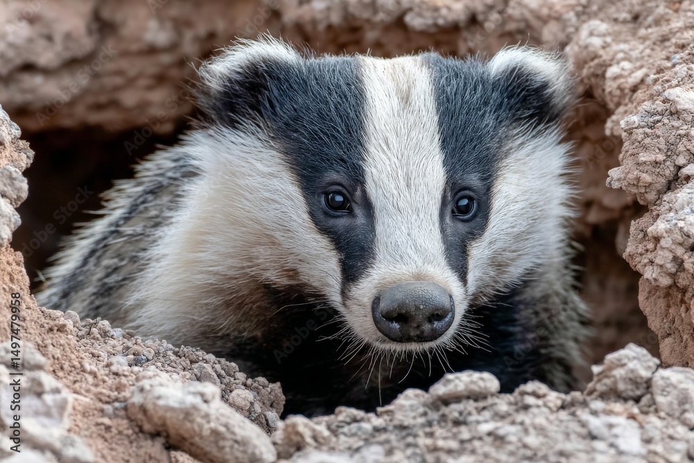 Poster badger emerging from its burrow in a natural habitat during a sunny day