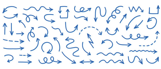 Blue Arrow Set Vector Collection on Transparent Background. Set of hand drawn arrows.